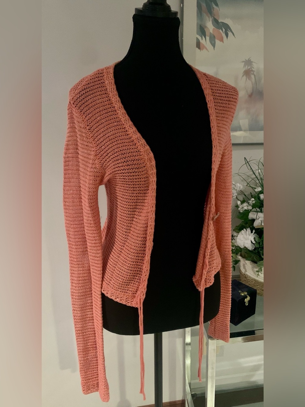 Calvin Klein Jeans Coral Knit Open-Front Cardigan with Ties, Vintage 1990s 2000s